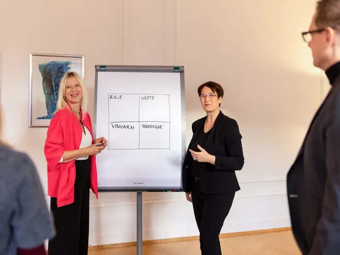 Arbeit am Flipchart mit der Gruppe: Teamführung in der Weiterbildung Systemisch Führen, ABIS Akademie Leipzig