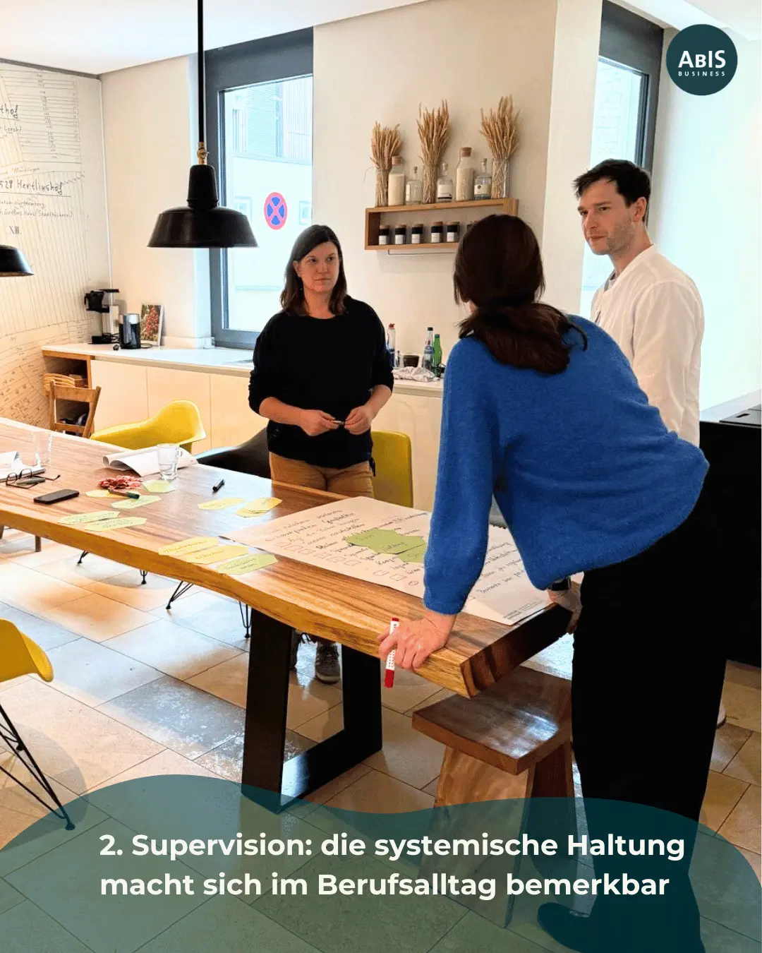 Teilnehmerinnen und Teilnehmer stehen gemeinsam an einem Tisch und besprechen einen Praxisfall im Rahmen einer Supervision.