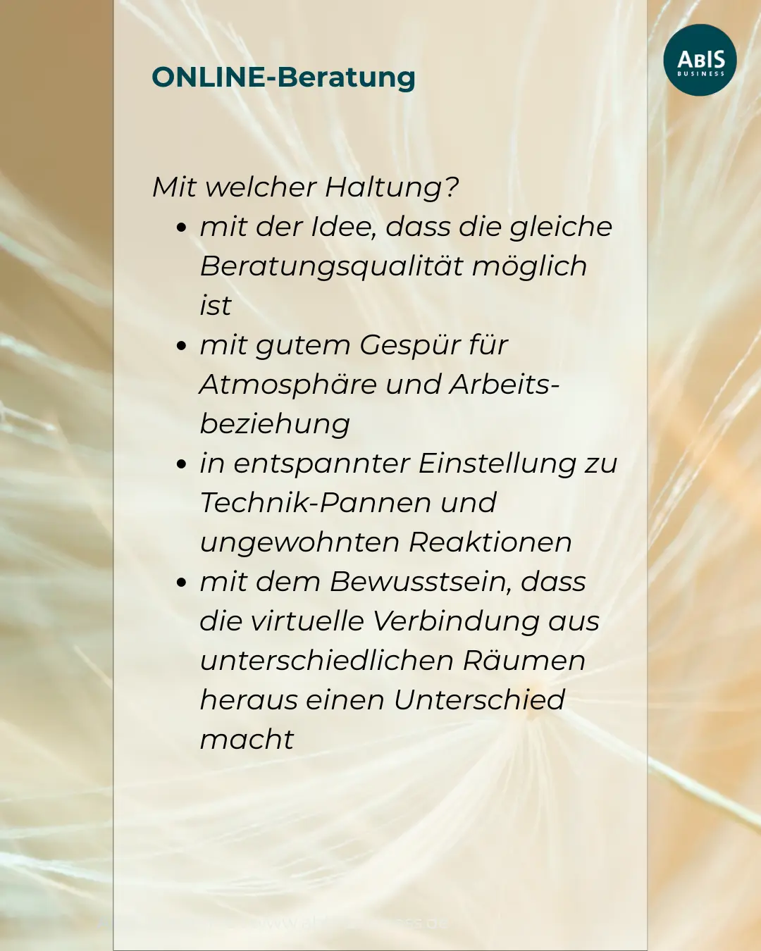Grafik zum Thema Online-Beratung mit Stichpunkten zur passenden Haltung in virtuellen Coaching- und Beratungsprozessen.