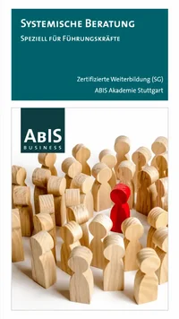 Thumbnail des Flyers „Systemische Beratung – speziell für Führungskräfte“ mit einer Darstellung von Holzfiguren und einer hervorgehobenen roten Figur als Symbol für Führung.